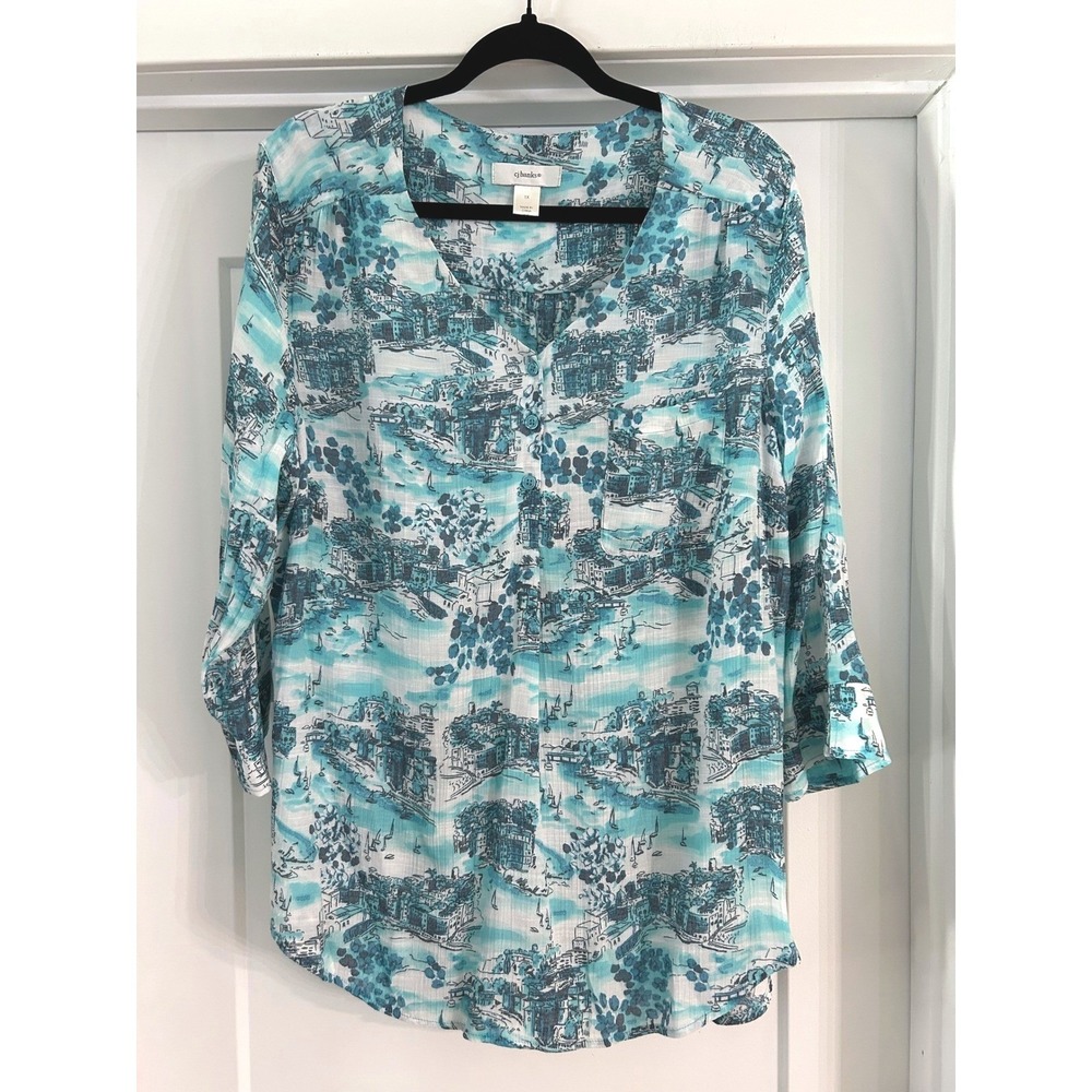 CJ Banks Women 1X Teal Blue Scenic Coastal 3/4 Sleeve Top Nautical Boho Relaxed
